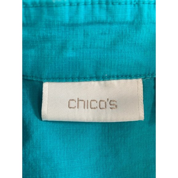 CHICO'S Light Jacket 3 L/XL Turquoise short sleeve Button Up Camp shirt Cover Up - Picture 8 of 10
